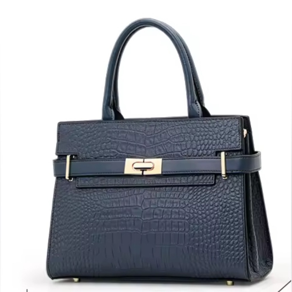 NWT Retail $268 Genuine Leather Navy Blue Crocodile Pattern Handbag
